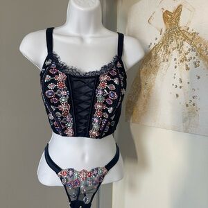 Victoria's Secret Navy Blue Floral Corset Bra and Thong